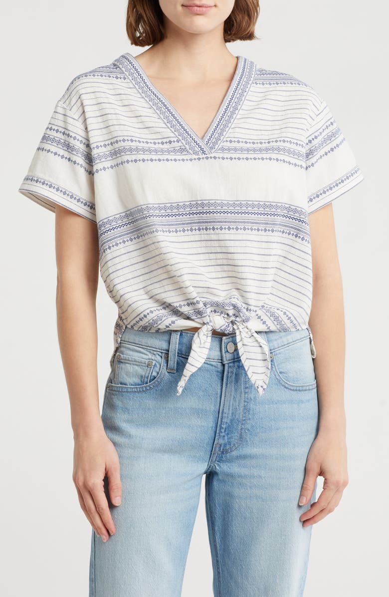 Lucky Brand Tie Front V-Neck Top, Main, color, Blue Stripe