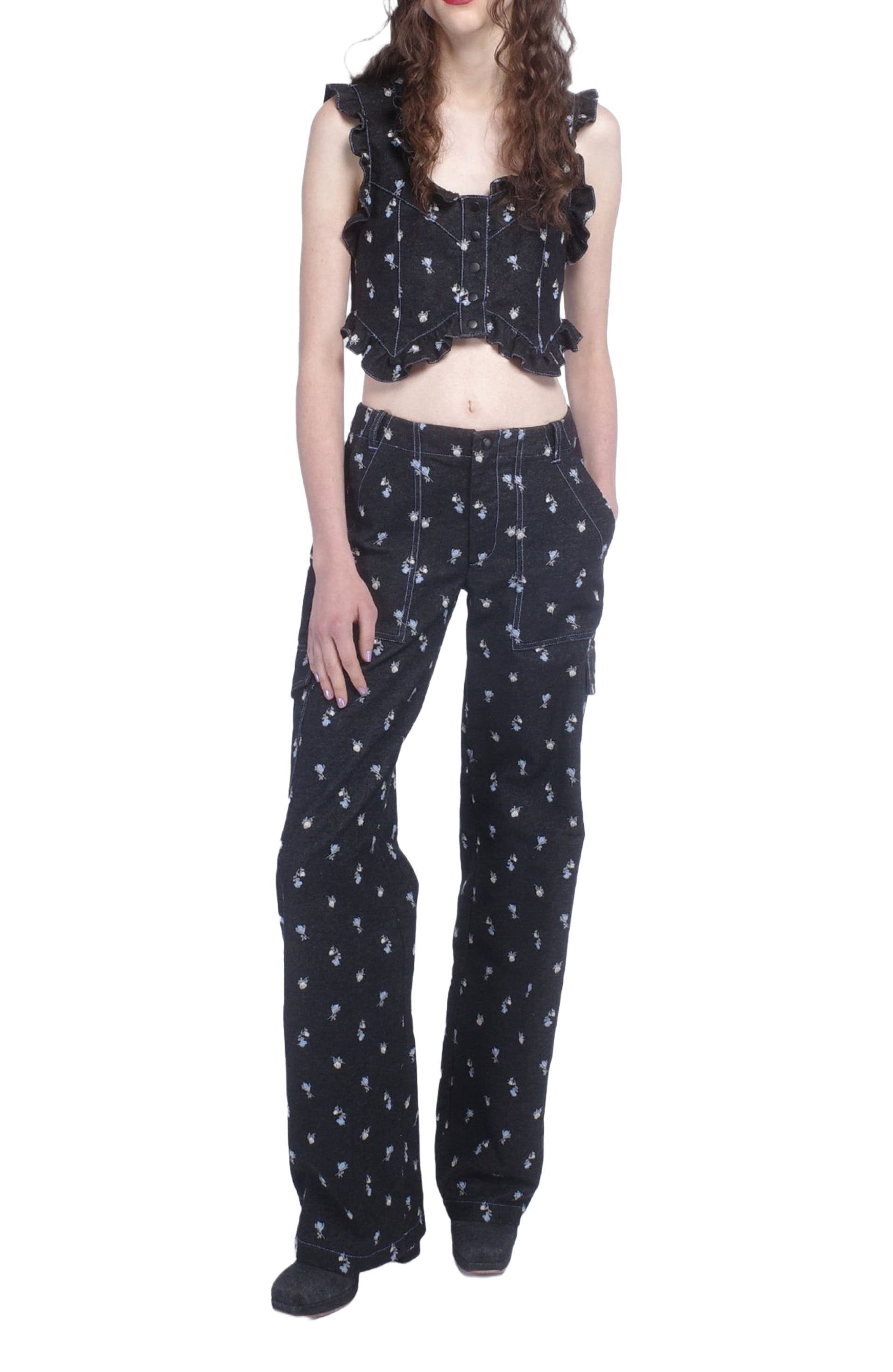 Denim Embroidered Roses Cargo Pant