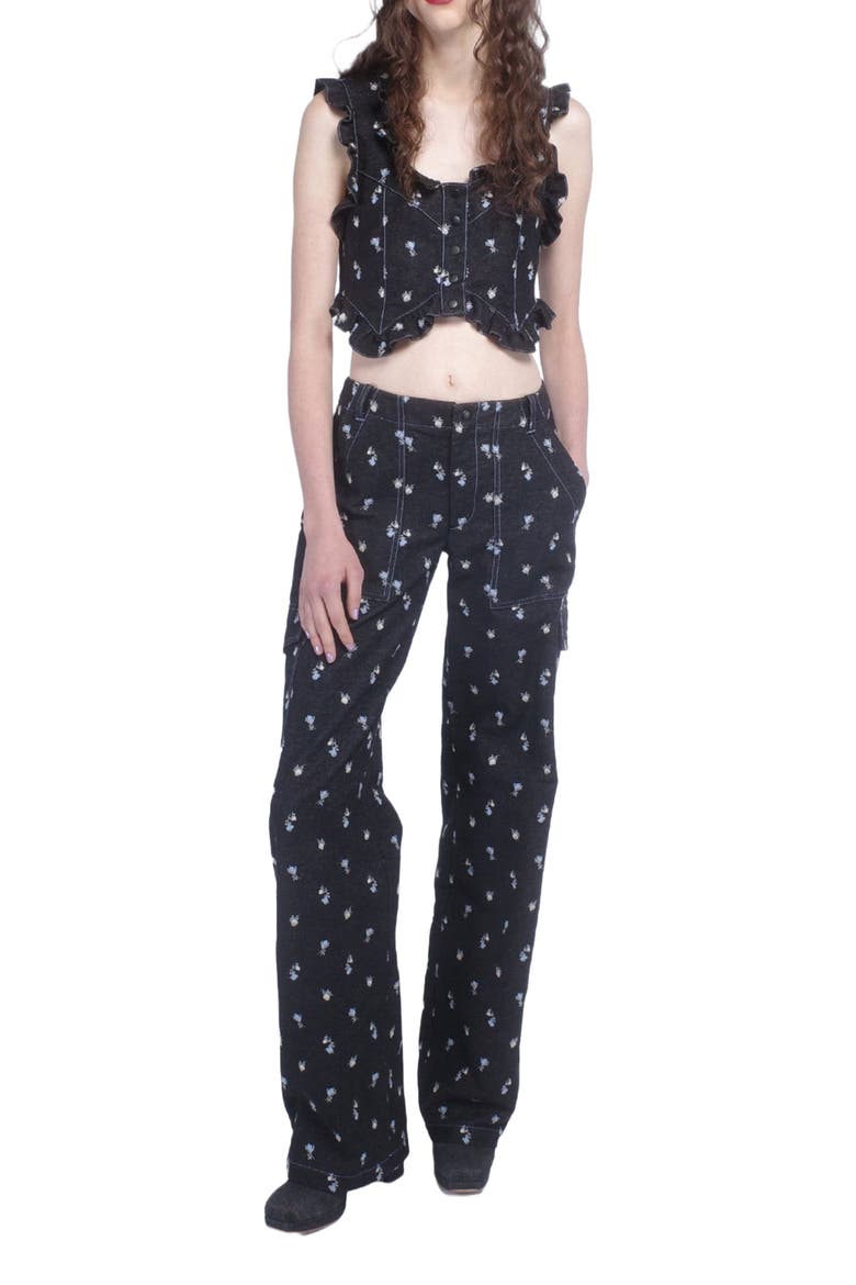Denim Embroidered Roses Cargo Pant, Main, color, BLACK MULTI