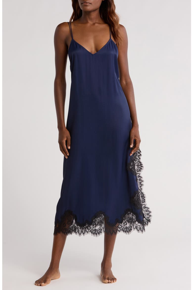 Midnight Lace Trim Satin Chemise, Main, color, NAVY PEACOAT