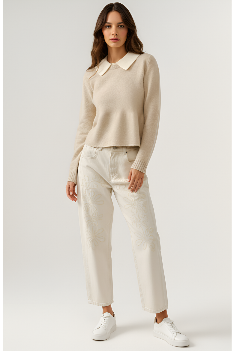 Cropped Knit Cardigan with Contrast Collar and Button Front, Alternate, color, Beige / Off-White