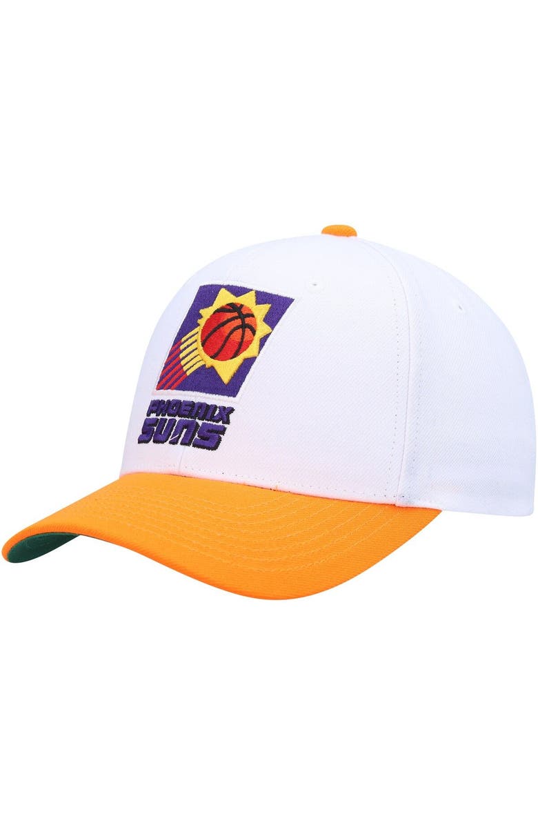 Mitchell & Ness Men's Mitchell & Ness White/Orange Phoenix Suns Hardwood Classics Core 2-Tone 2.0 Pro Snapback Hat, Main, color, 
