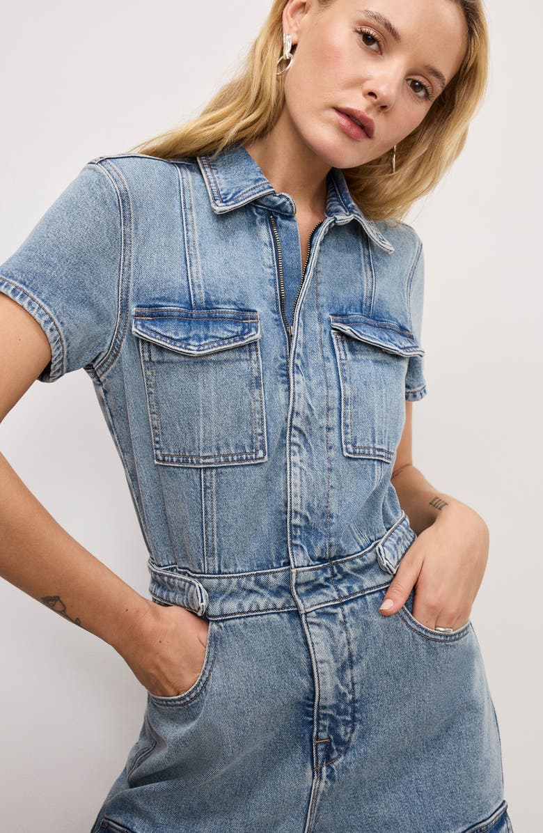 Good American Fit For Success Denim Wide Leg Cargo Jumpsuit, Alternate, color, Indigo762