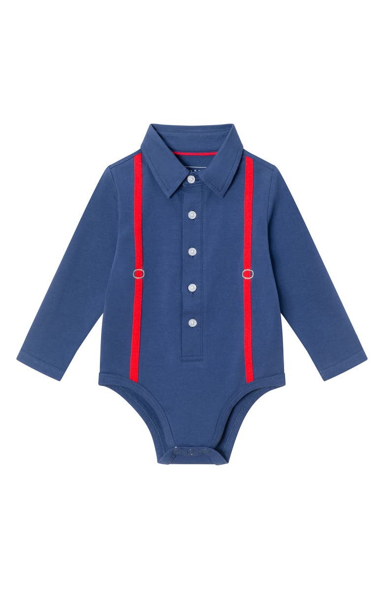 Andy & Evan Button-Up Bodysuit, Pants & Bow Tie Set, Alternate, color, Navy Denim