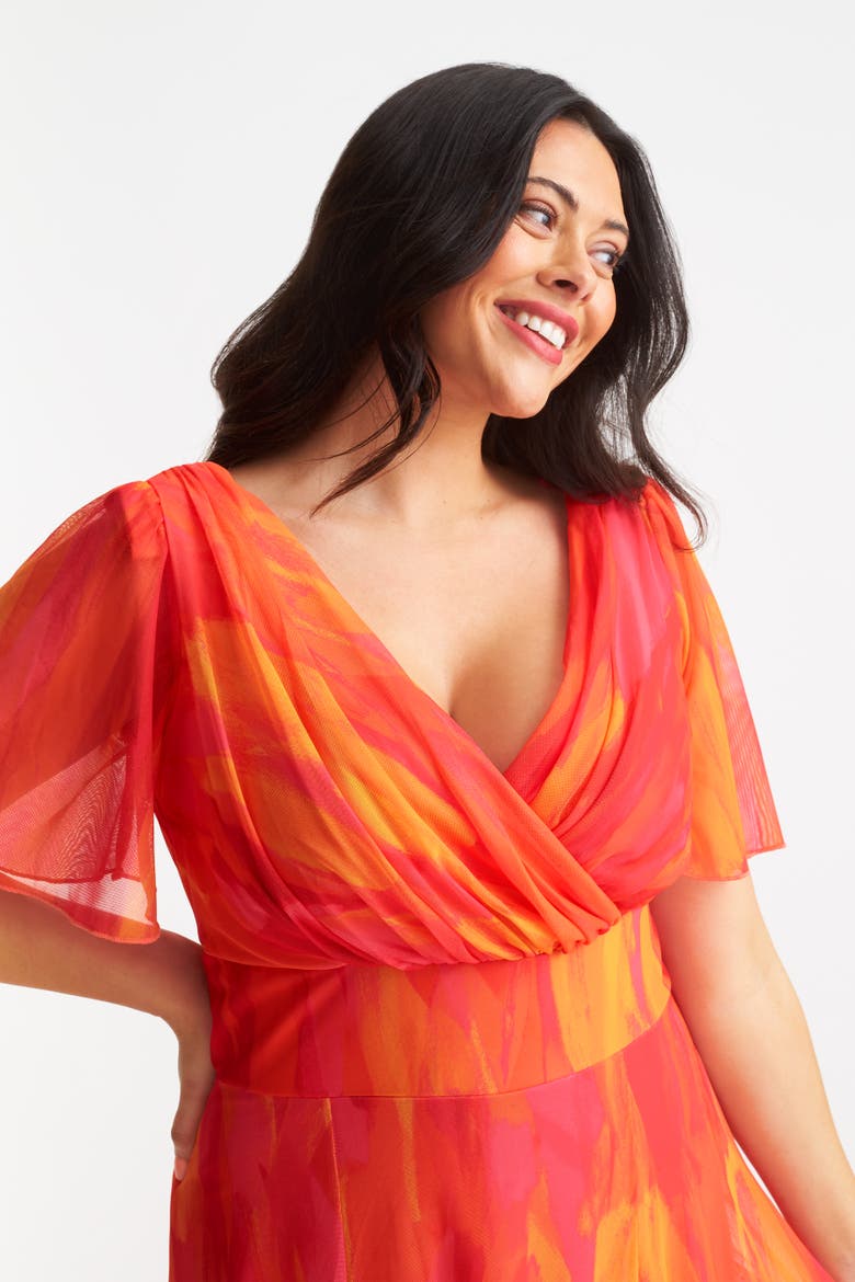 Isabelle Abstract Angel Sleeve Dress, Alternate, color, Orange Pink Yellow