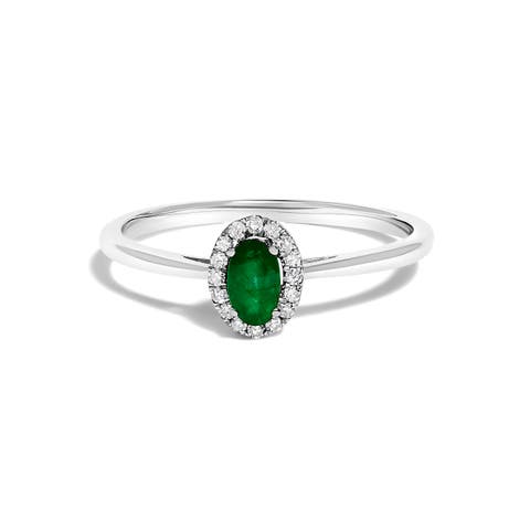 10K White Gold Oval and Diamond Accent Halo Birthstone Ring
