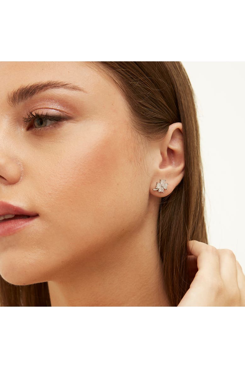 Four Leaf Clover Sterling Silver Stud Earrings - White, Alternate, color, Silver