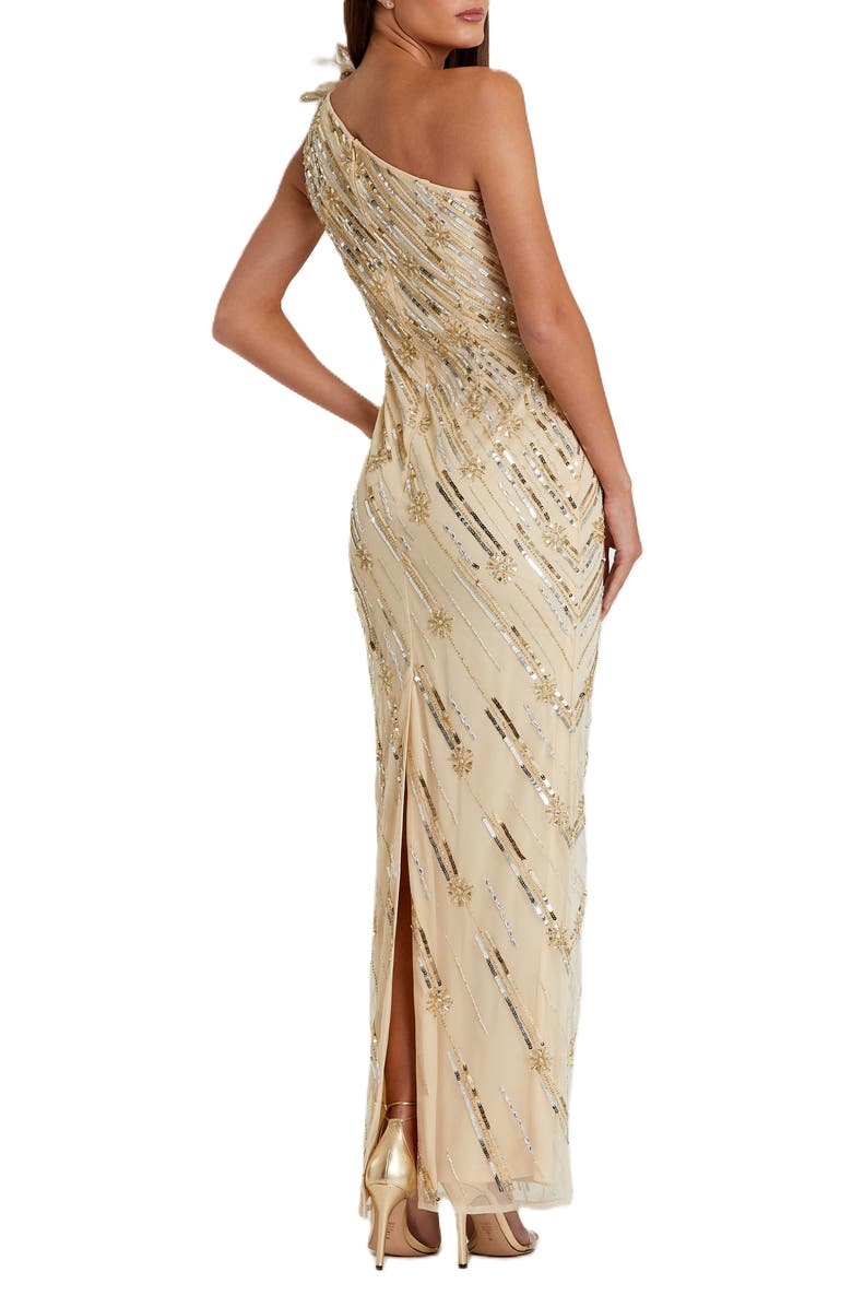 Mac Duggal Embellished Floral Detail One Shoulder Gown, Alternate, color, Nude Gold