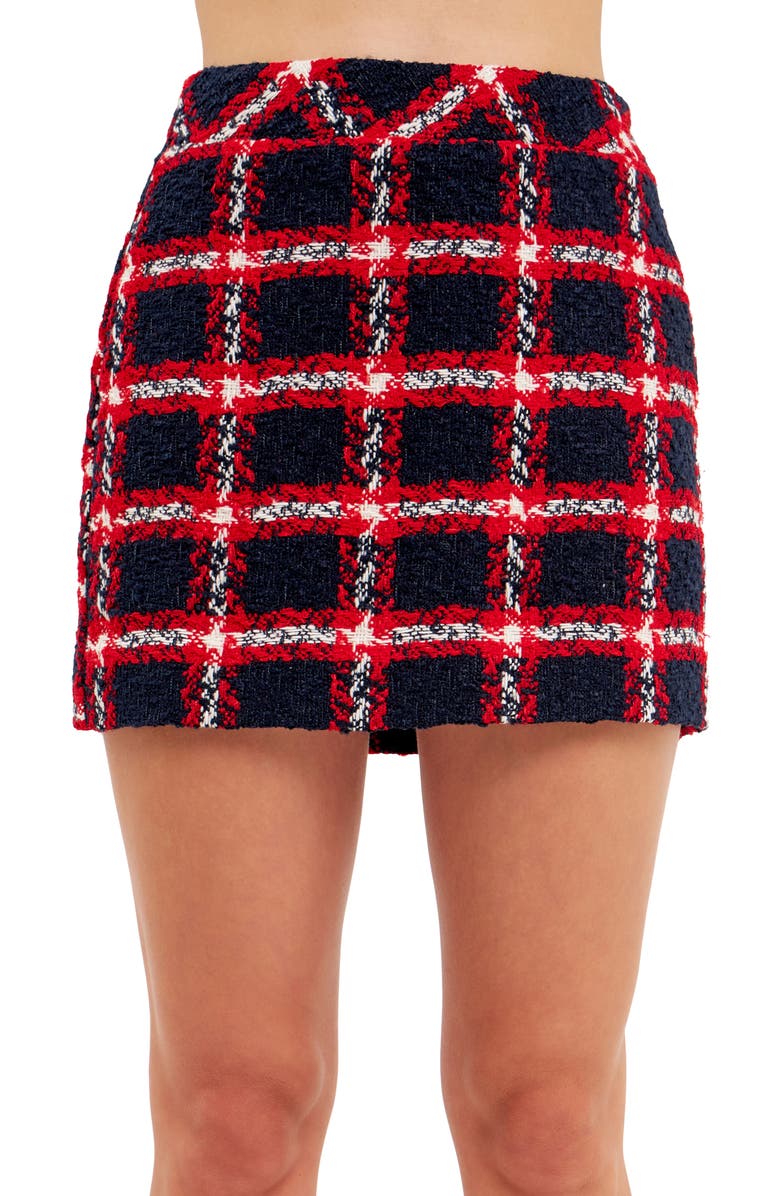 English Factory Check Bouclé Miniskirt, Alternate, color, Navy