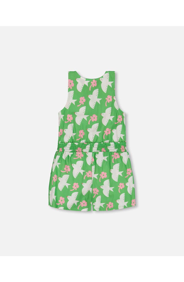 Deux par Deux Girl's Printed Romper With Frills Green With White And Pink Bird, Alternate, color,