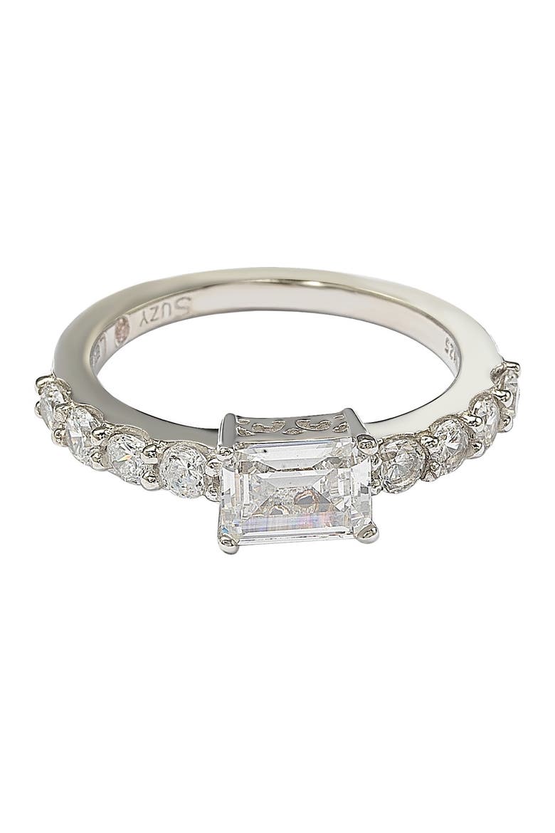 Sterling Silver Emerald-Cut CZ Center Stone Engagement Ring, Alternate, color, WHITE