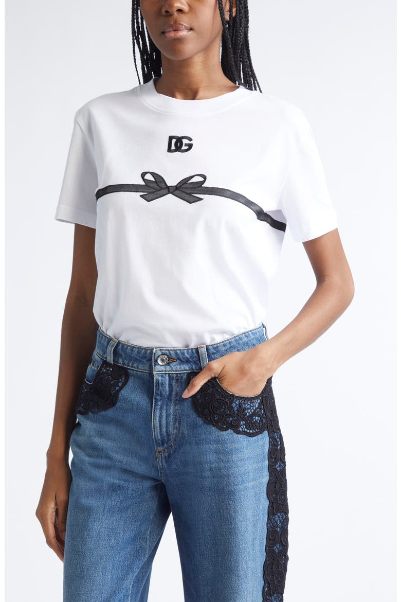 Logo Embroidered Bow Appliqué T-Shirt, Main, color, W0800 BIANCO OTTICO