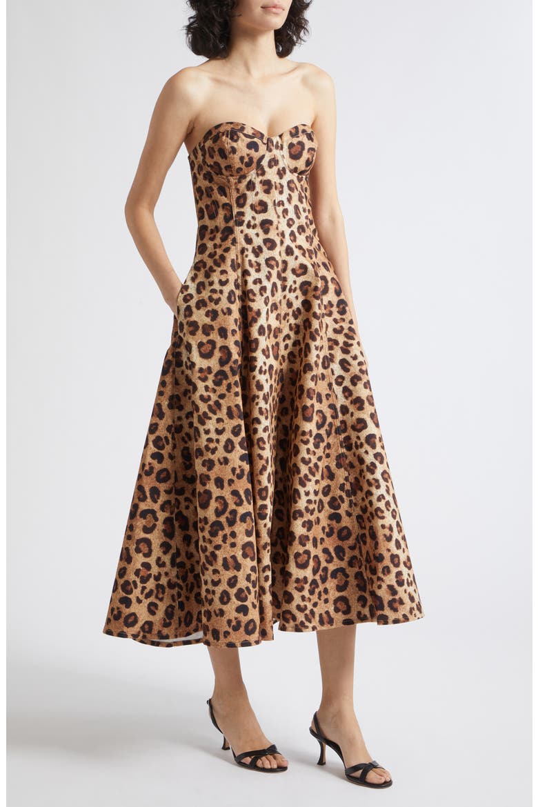 Ramona Leopard Print Strapless Corset Midi Dress, Alternate, color, NEUTRAL