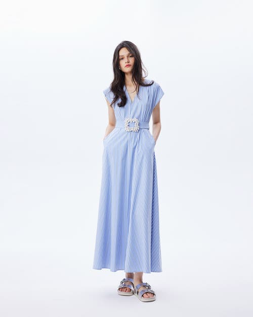 Theo The Label Echo Beaded Belt V-neck Shirtdress In Blue Stripe