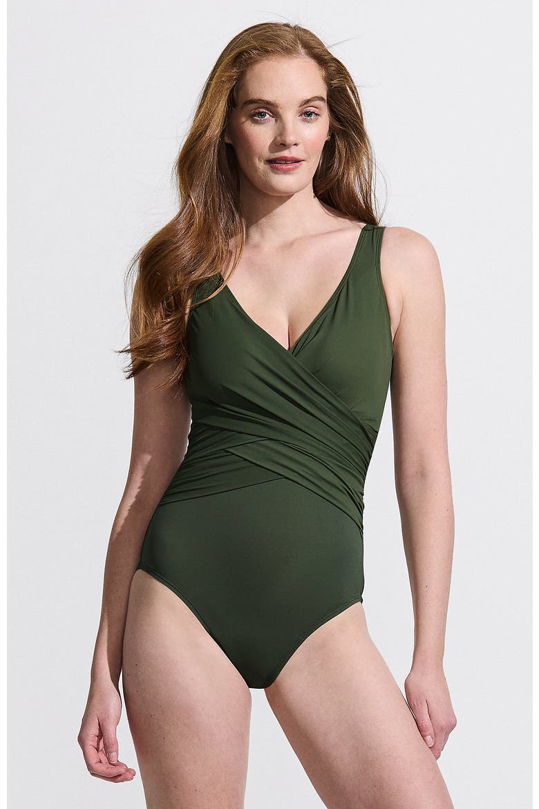 D-Cup Slender Tummy Control Chlorine Resistant V-neck Wrap One Piece Swimsuit, Main, color, Rich Olive Green