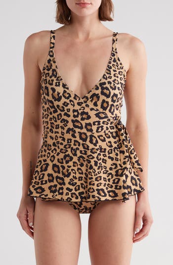 Betsey Johnson Leopard Print Faux Wrap Swim Dress