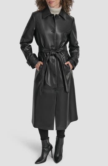 Dkny Faux Leather Trench Coat In Black