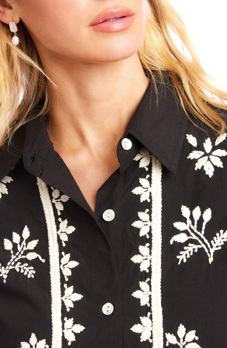 Karen Kane Embroidered Cotton Button-Up Shirt, Alternate, color, Black/ Tan