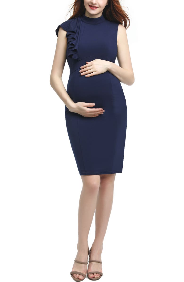Kimi & Kai Josephine Ruffle Maternity Sheath Dress, Main, color, Navy