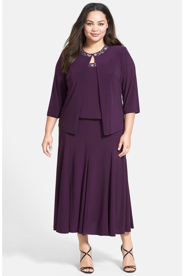 Beaded Dress & Jacket, Main, color, EGGPLANT