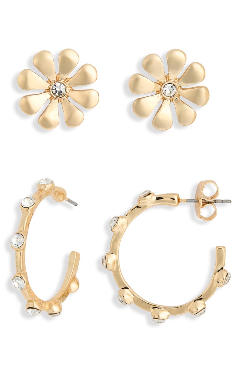 NORDSTROM RACK Set of 2 Crystal Flower & Hoop Earrings, Main, color, Clear- Gold