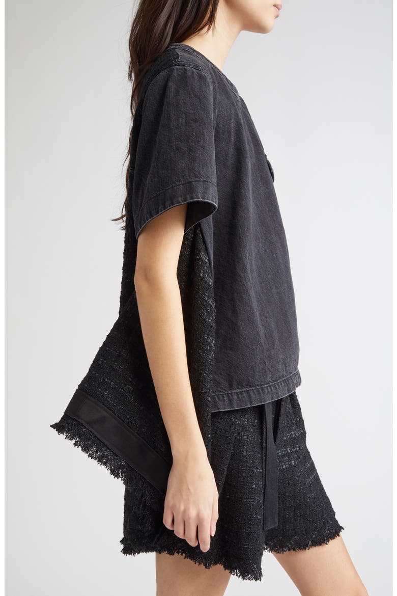 Mixed Media Denim & Tweed Top, Alternate, color, BLACK/ BLACK 002