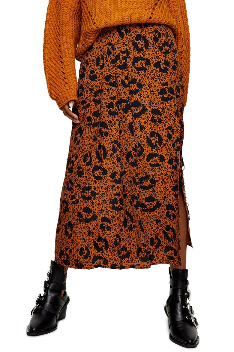 Floral Animal Box Pleat Midi Skirt, Main, color, BLACK MULTI