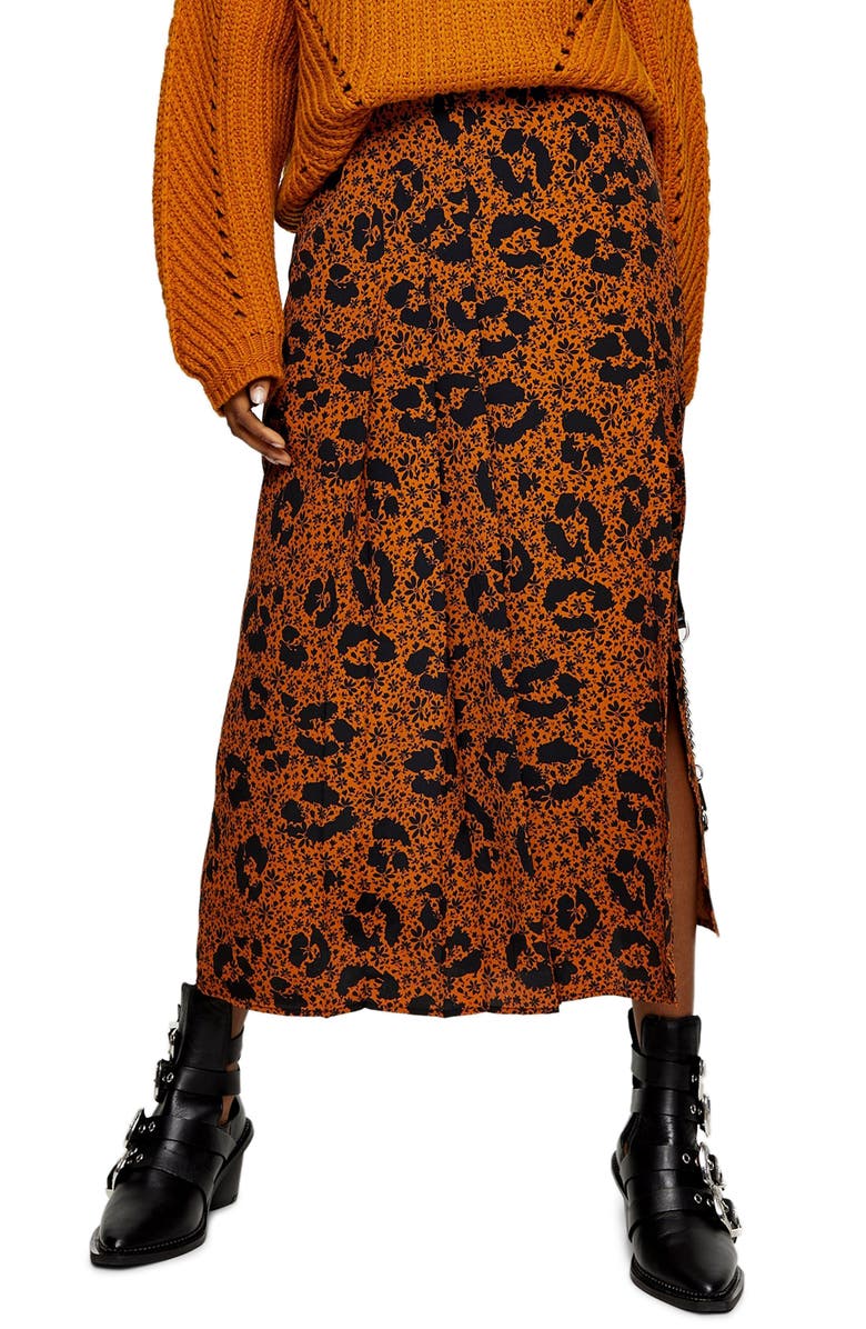 Topshop Floral Animal Box Pleat Midi Skirt, Main, color, 
