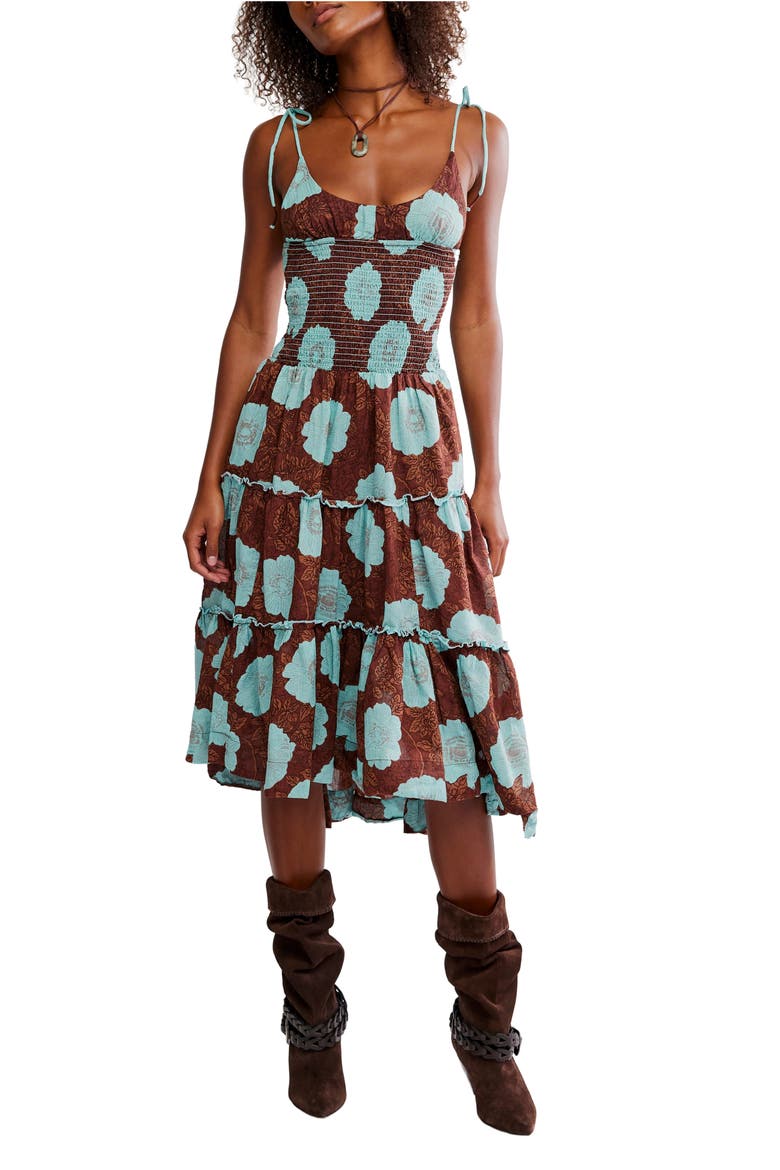 Adriel Tie Strap Tiered Midi Dress, Main, color, NUTMEG COMBO