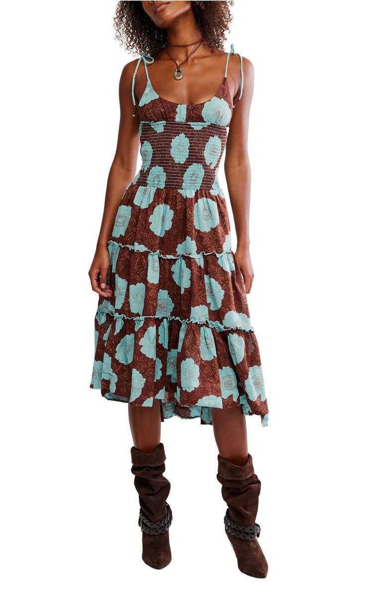 Free People Adriel Tie Strap Tiered Midi Dress, Main, color, Nutmeg Combo