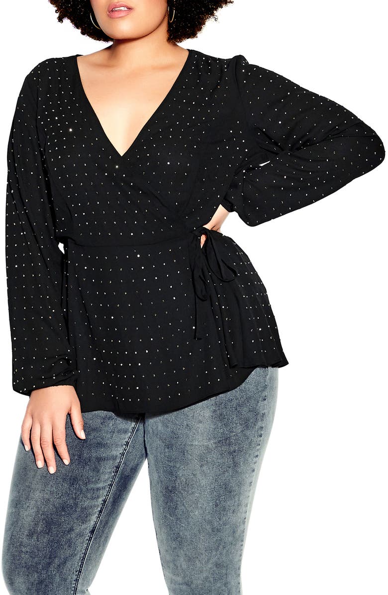 City Chic Bling Flirt Embellished Wrap Blouse, Main, color, 