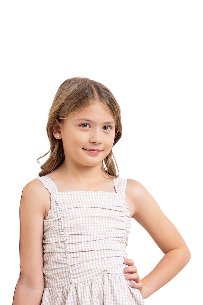 Girls' Organic Ruched Bodice Party Dress, Kids, Alternate, color, Taupe Gingham Seersucker
