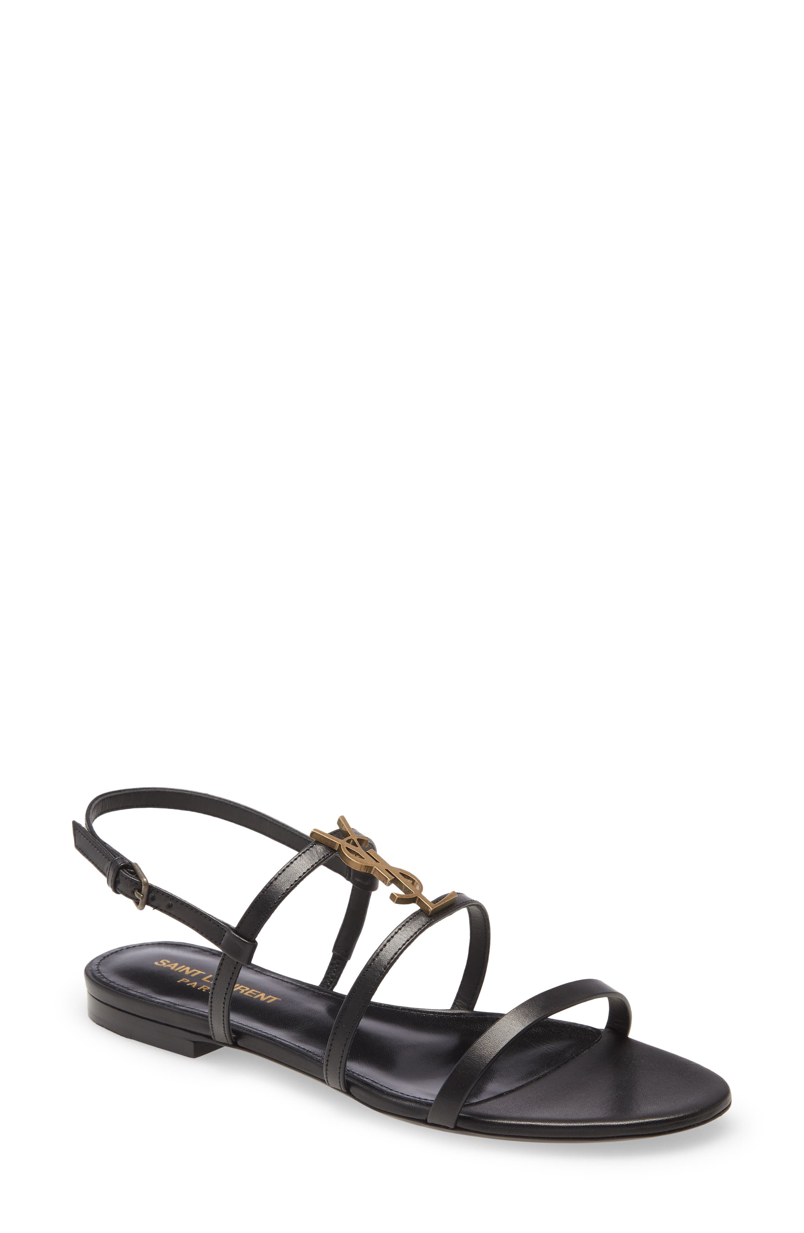 Cassandra YSL Logo Strappy Sandal, Main, color, BLACK