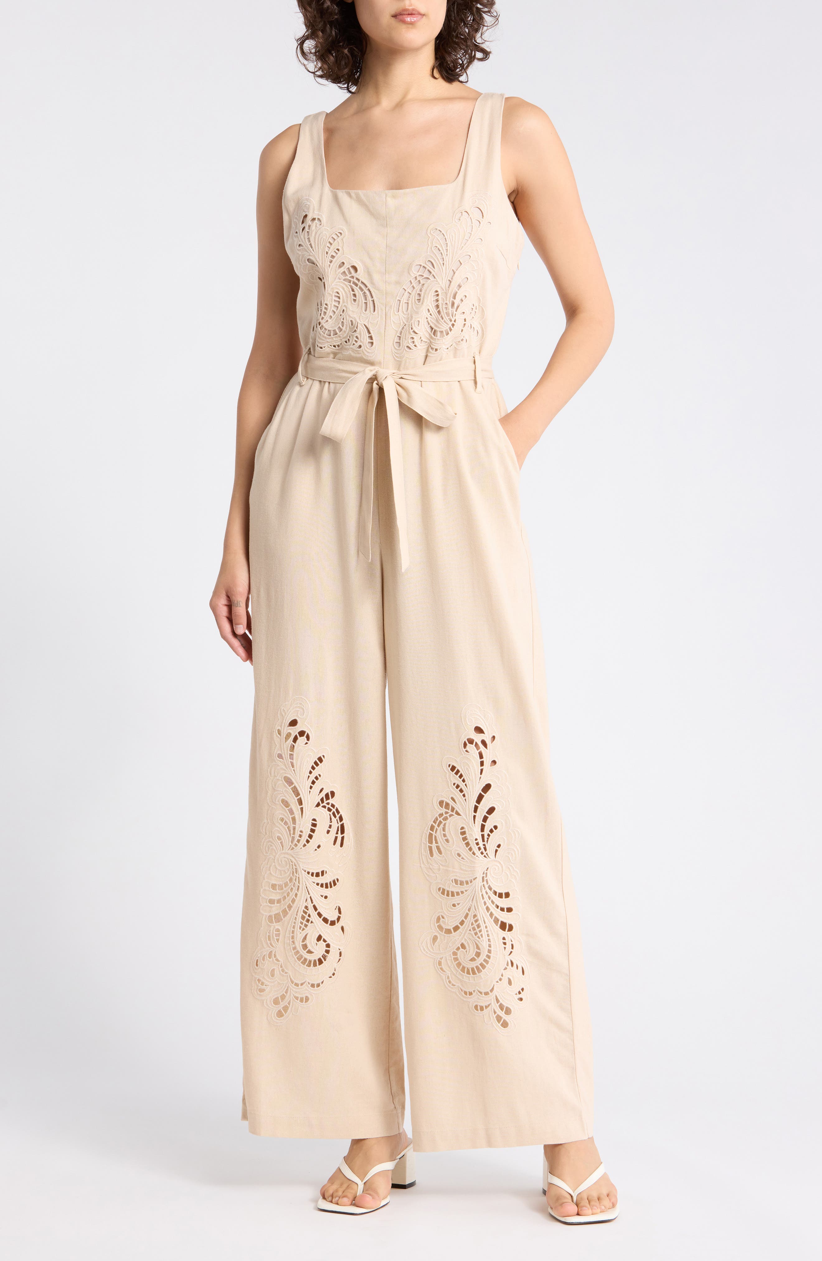 Ellen Tracy Embroidered Cutwork Sleeveless Jumpsuit