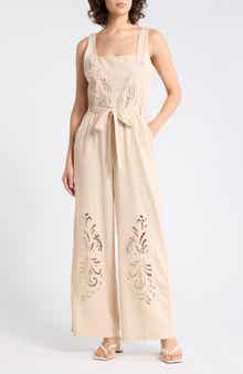 Ellen Tracy Embroidered Cutwork Sleeveless Jumpsuit