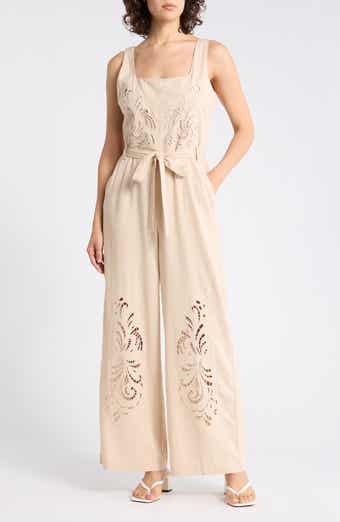 Ellen Tracy Embroidered Cutwork Sleeveless Jumpsuit