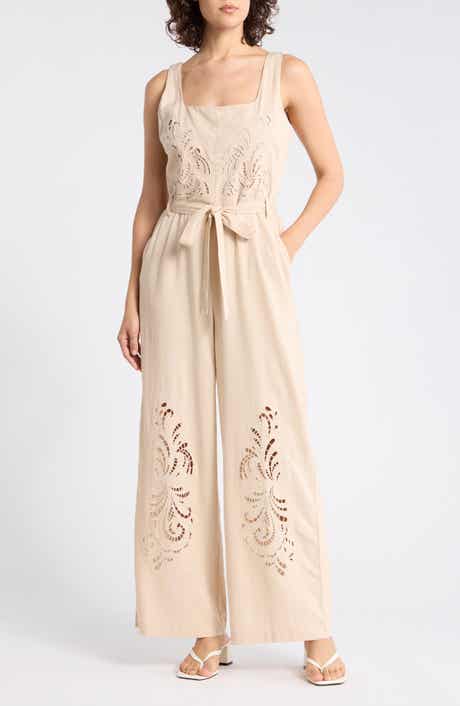 Ellen Tracy Embroidered Cutwork Sleeveless Jumpsuit