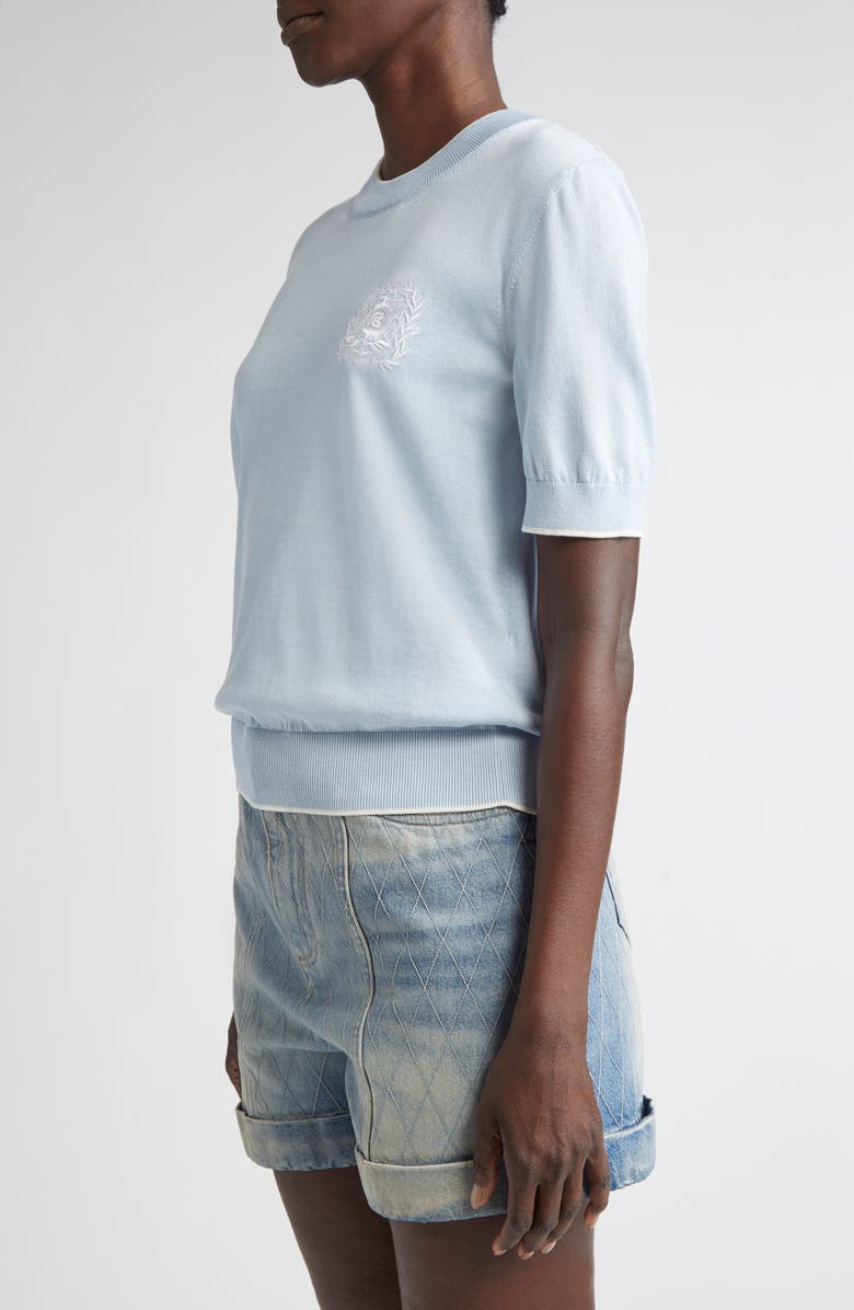 Balmain Embroidered Logo Tipped Silk & Cotton Sweater, Alternate, color, Blue/ White