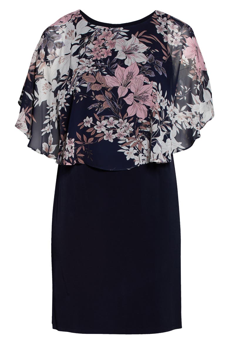 Floral Overlay Cape Dress, Alternate, color, NAVY/ MAUVE