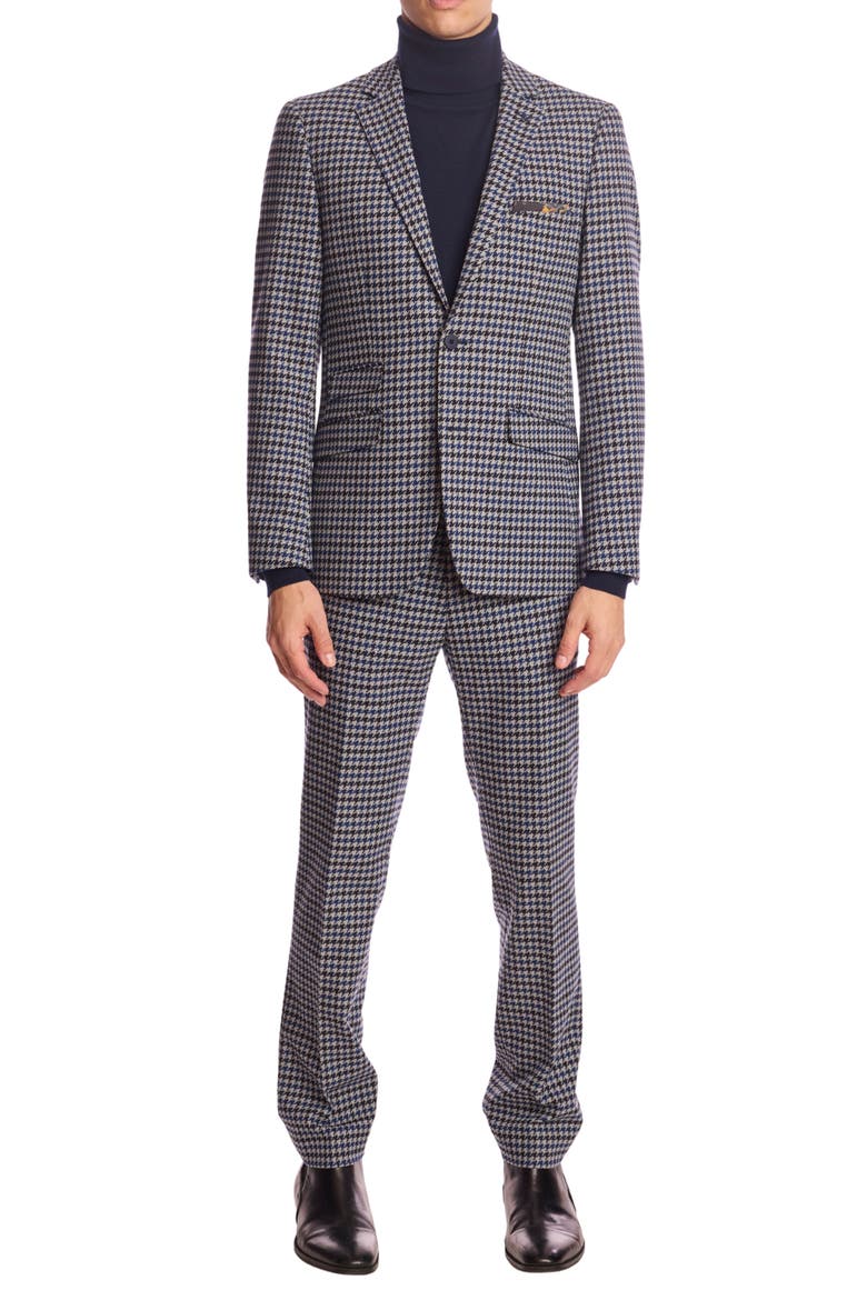 Downing Slim Fit Flat Front Houndstooth Dress Pants, Alternate, color, BLUE BLACK HOUNDSTOOTH