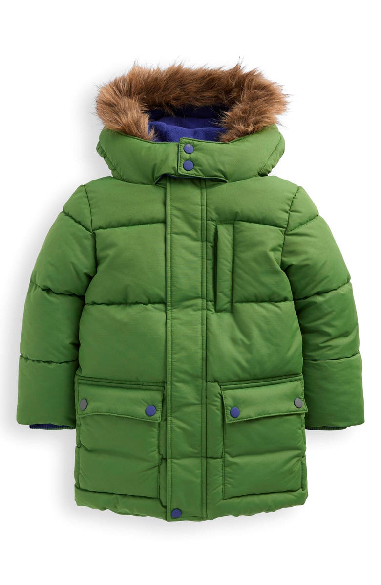 Mini Boden Kids' Fleece Lined Faux Fur Hooded Puffer Coat, Main, color, Color Block Green