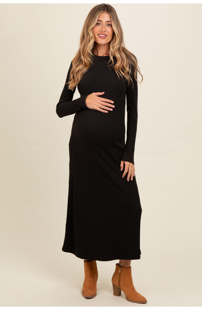 PinkBlush Ribbed Knit Side Slit Midi Dress, Alternate, color, Black
