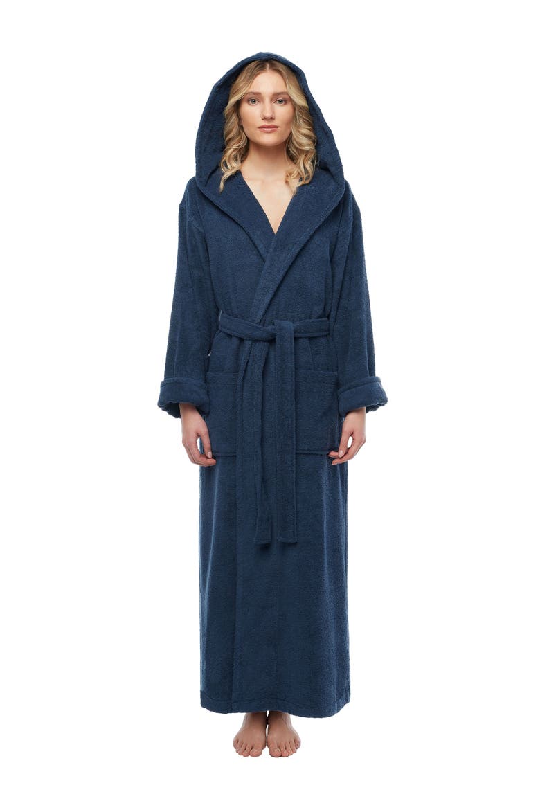Womens GOTS Certified Oganic Cotton Long Hooded Robe, Main, color, Navy