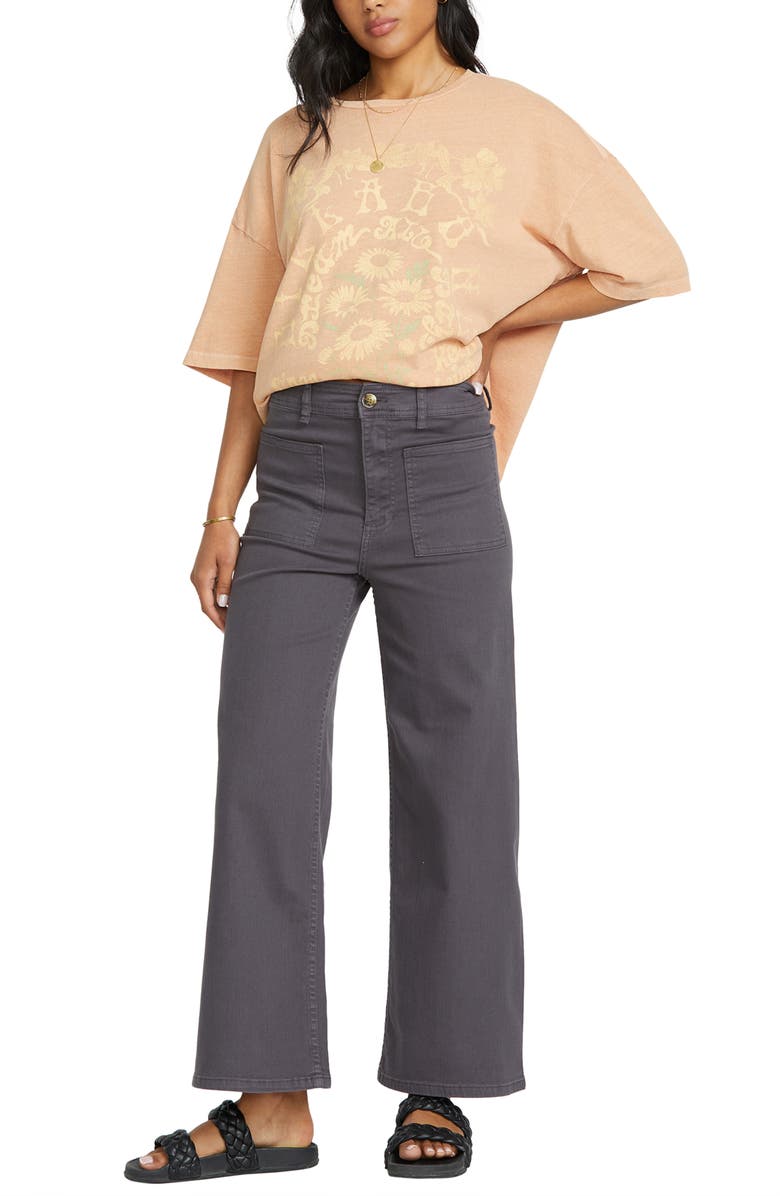 Billabong Free Spirit Stretch Cotton Crop Wide Leg Pants, Alternate, color, Black Sands