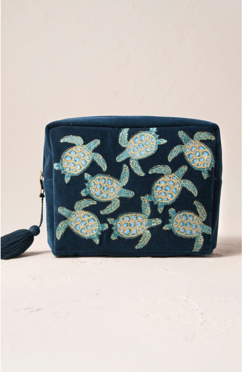 Elizabeth Scarlett Turtle Conservation Velvet Wash Bag, Main, color, Marine Navy