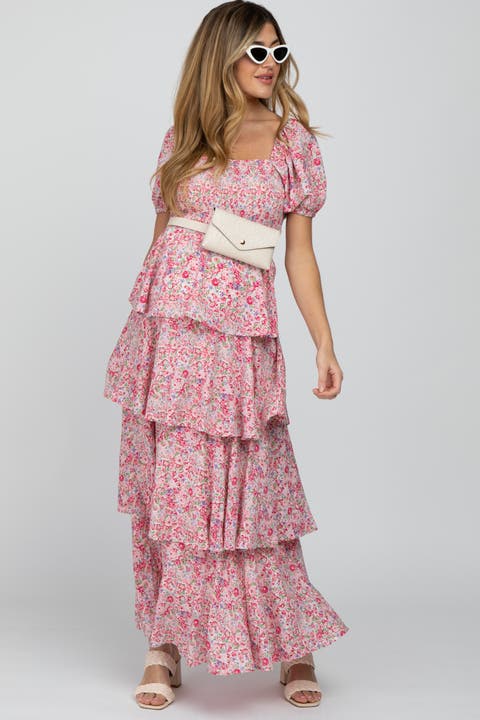 Floral Square Neck Ruffle Layered Maxi Dress