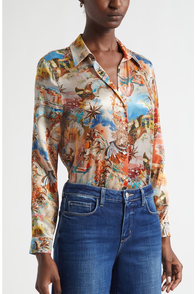 Tyler Collage Print Silk Button-Up Shirt, Alternate, color, IVORY MULTI COLLAGE