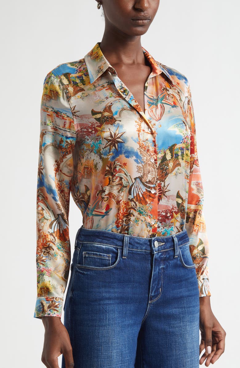 L'AGENCE Tyler Collage Print Silk Button-Up Shirt, Alternate, color, Ivory Multi Collage