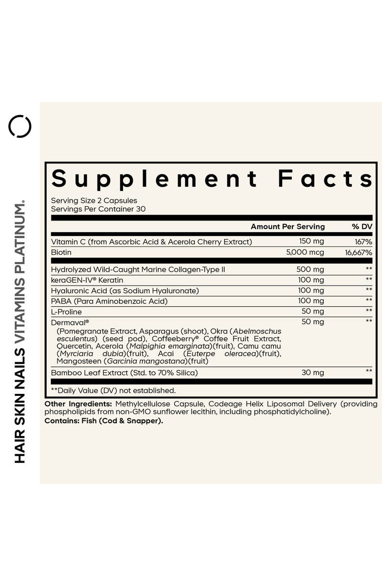 Codeage Hair Skin Nails Vitamins Platinum, Keratin, Dermaval, Biotin, Collagen, Alternate, color, White