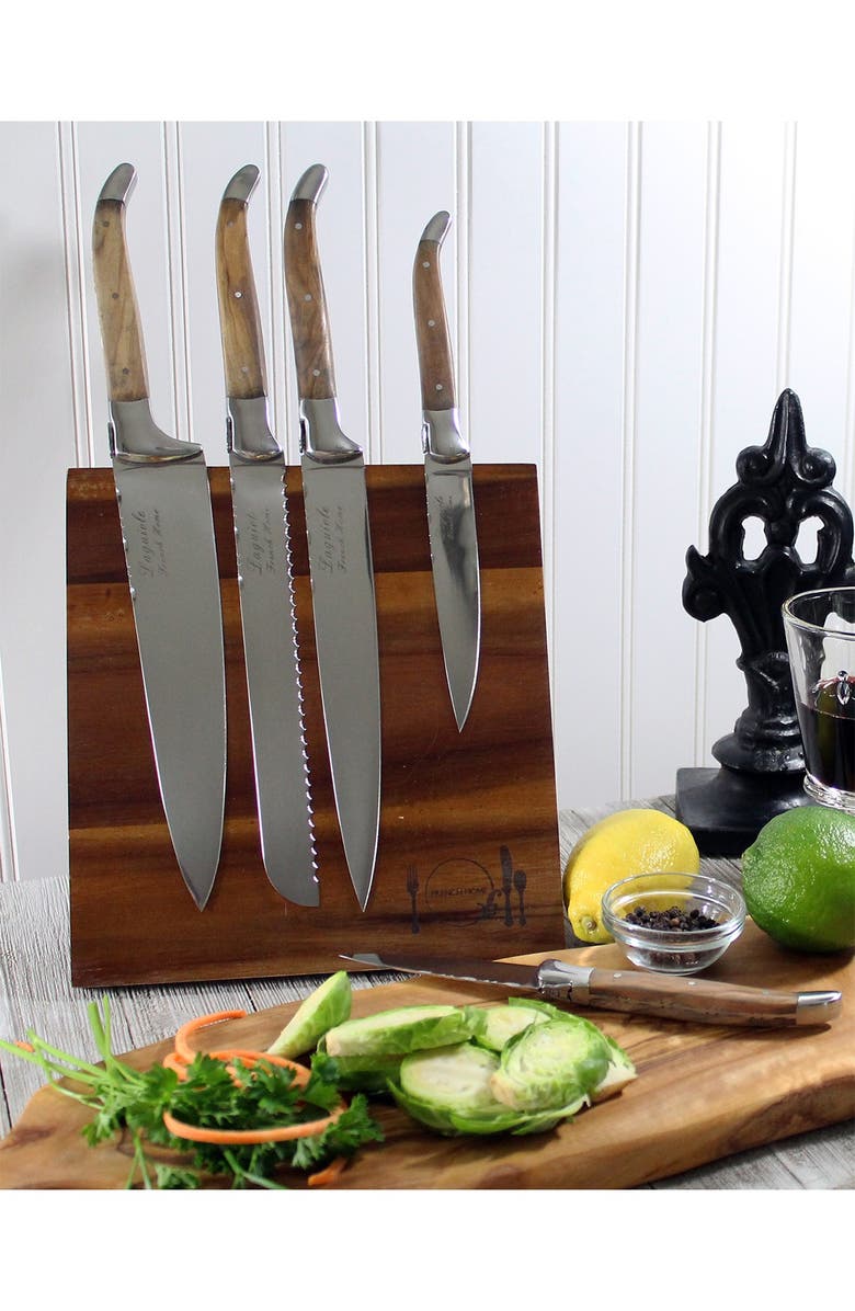 FRENCH HOME Laguiole Connoisseur Olivewood 6-Piece Kitchen Knife Set plus Magnetic Display, Alternate, color, Olivewood And Silver